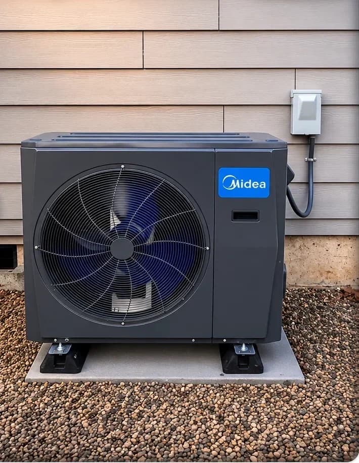 Installed Midea heat pump on raised supports over a gravel base.