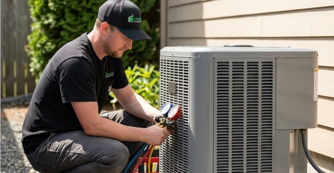 Oregon Climate Tech technician connecting refrigerant gauges to an outdoor AC unit during installation work in Beaverton.