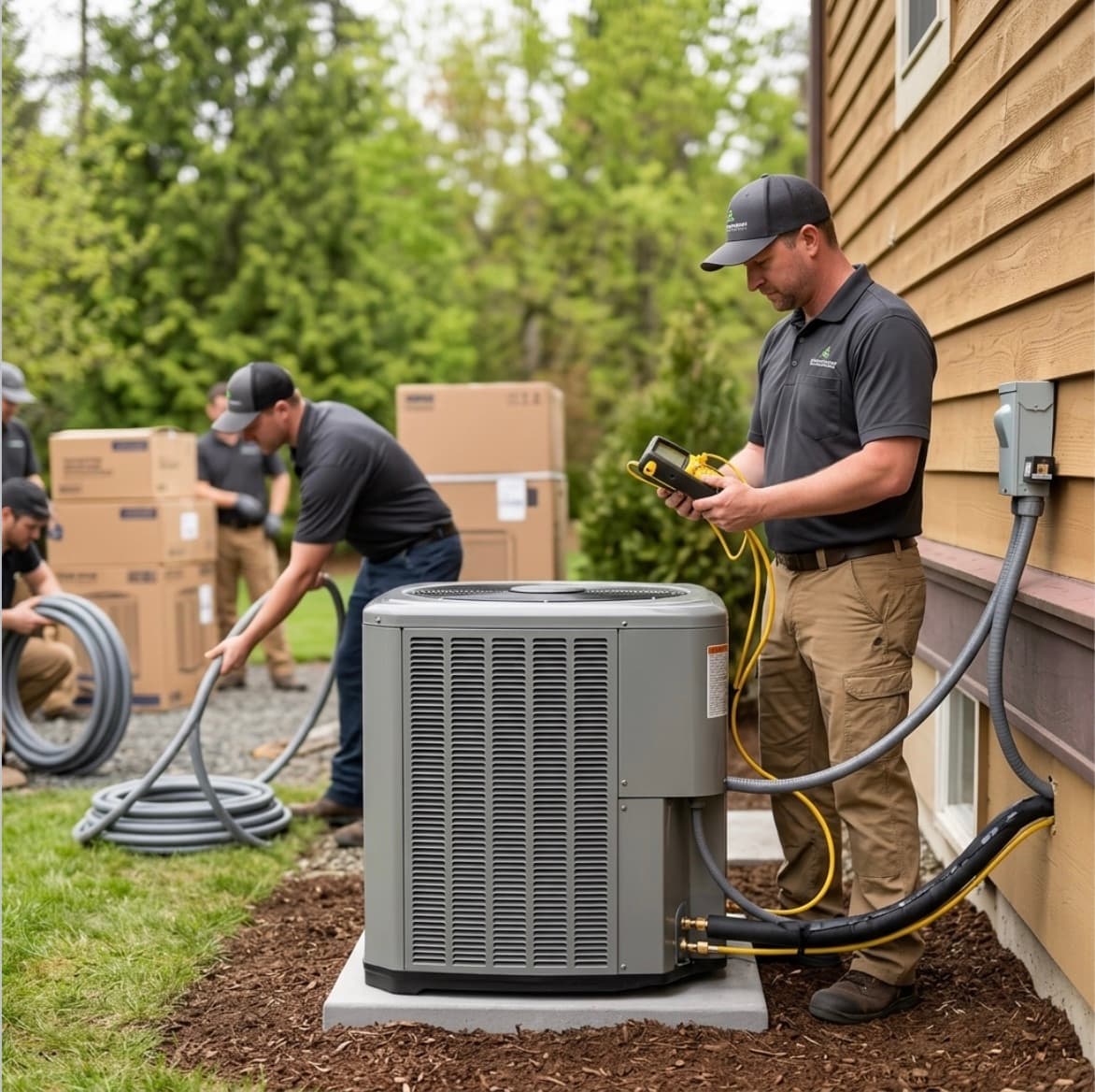 Oregon Climate Tech crew installing an outdoor AC condenser in the Portland metro.