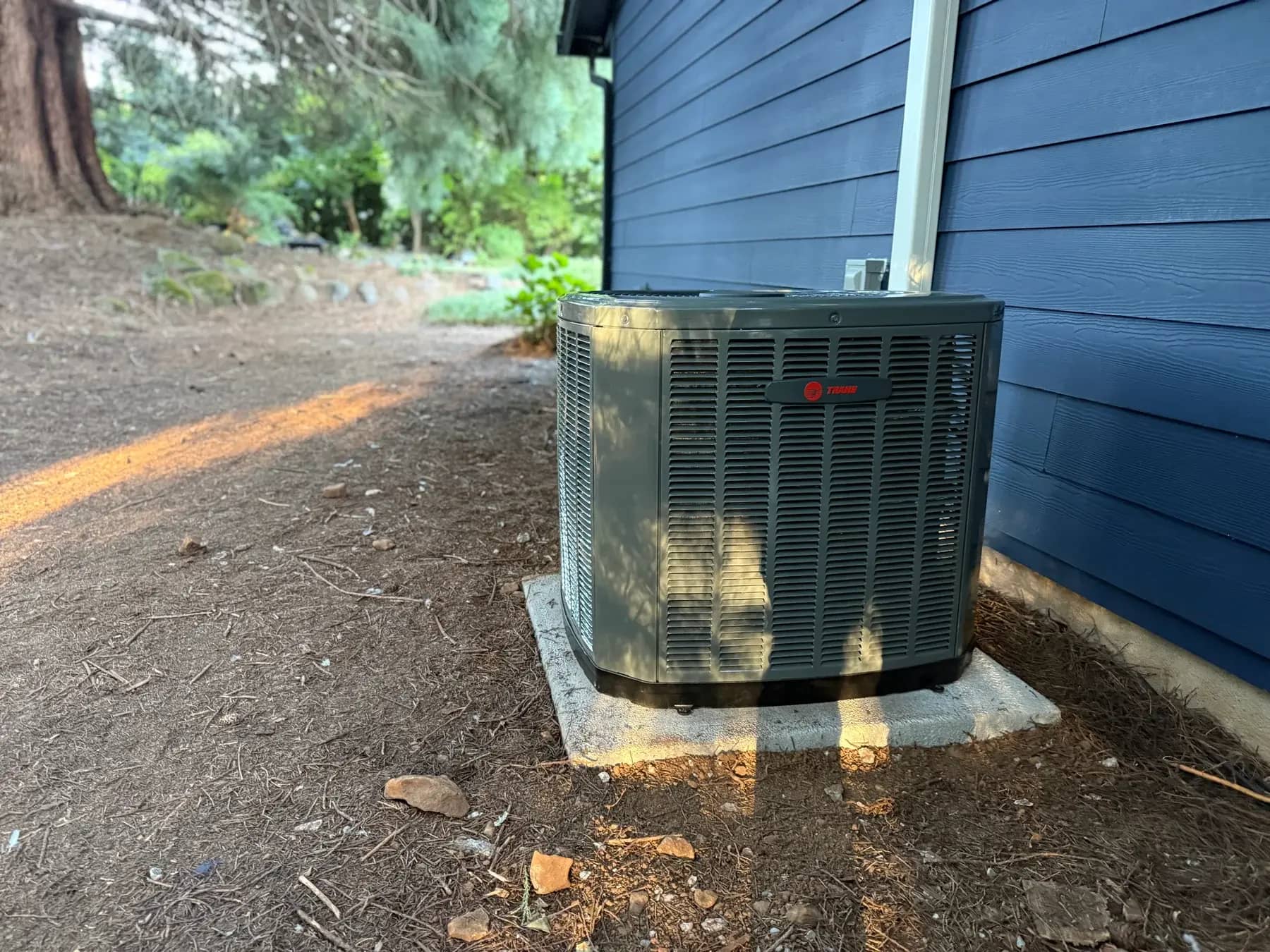 Trane outdoor AC condenser professionally installed on a level concrete pad.