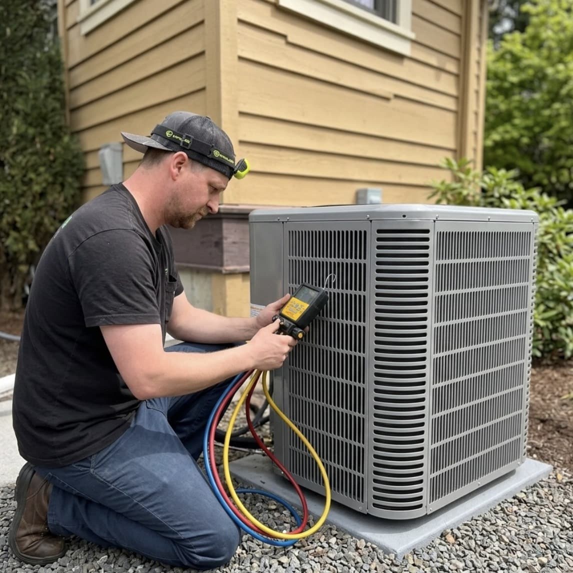 Oregon Climate Tech technician installing an AC condenser unit at a Portland, Oregon home.