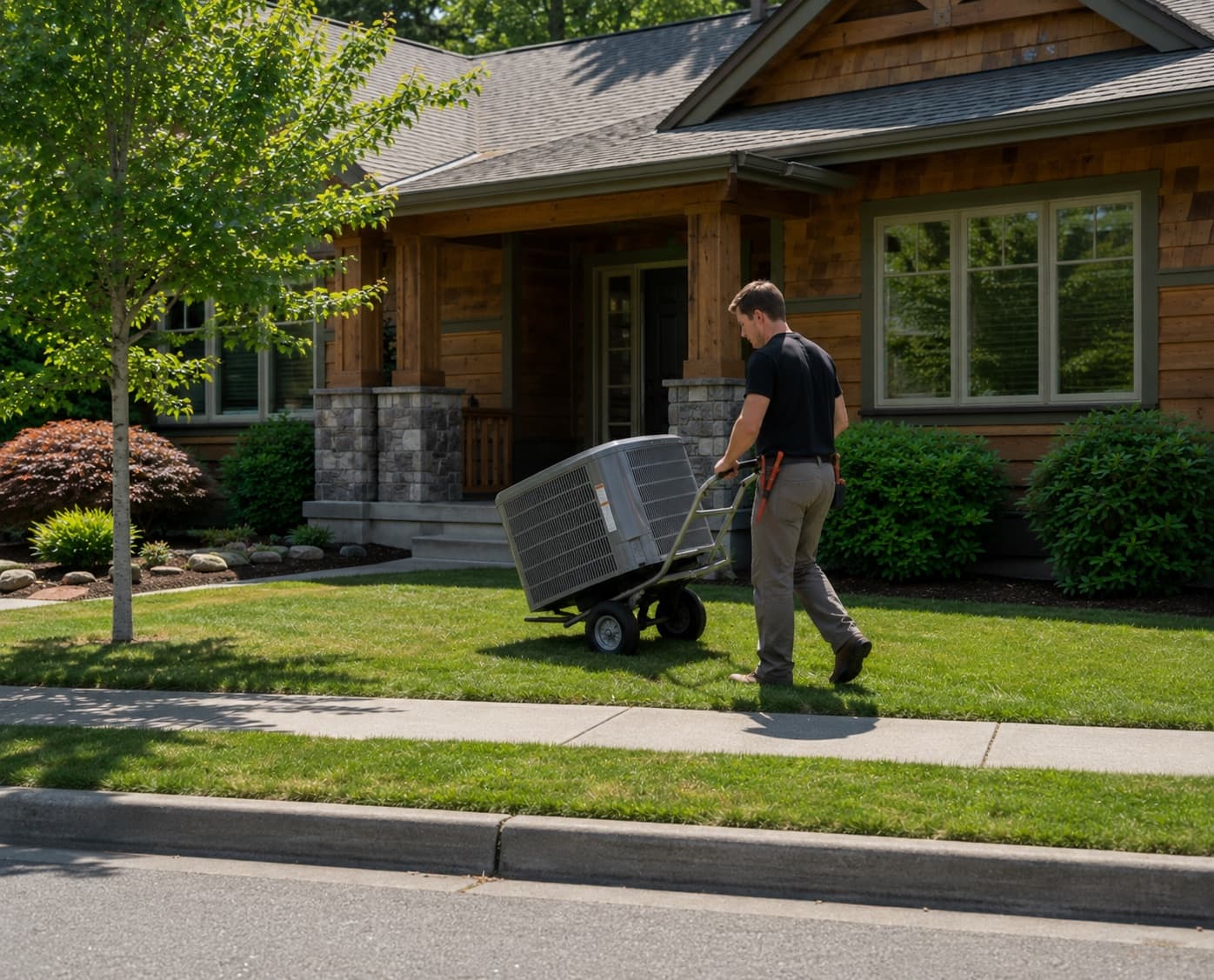 Oregon Climate Tech technician wheeling an old AC unit away from a Portland home during a system replacement.