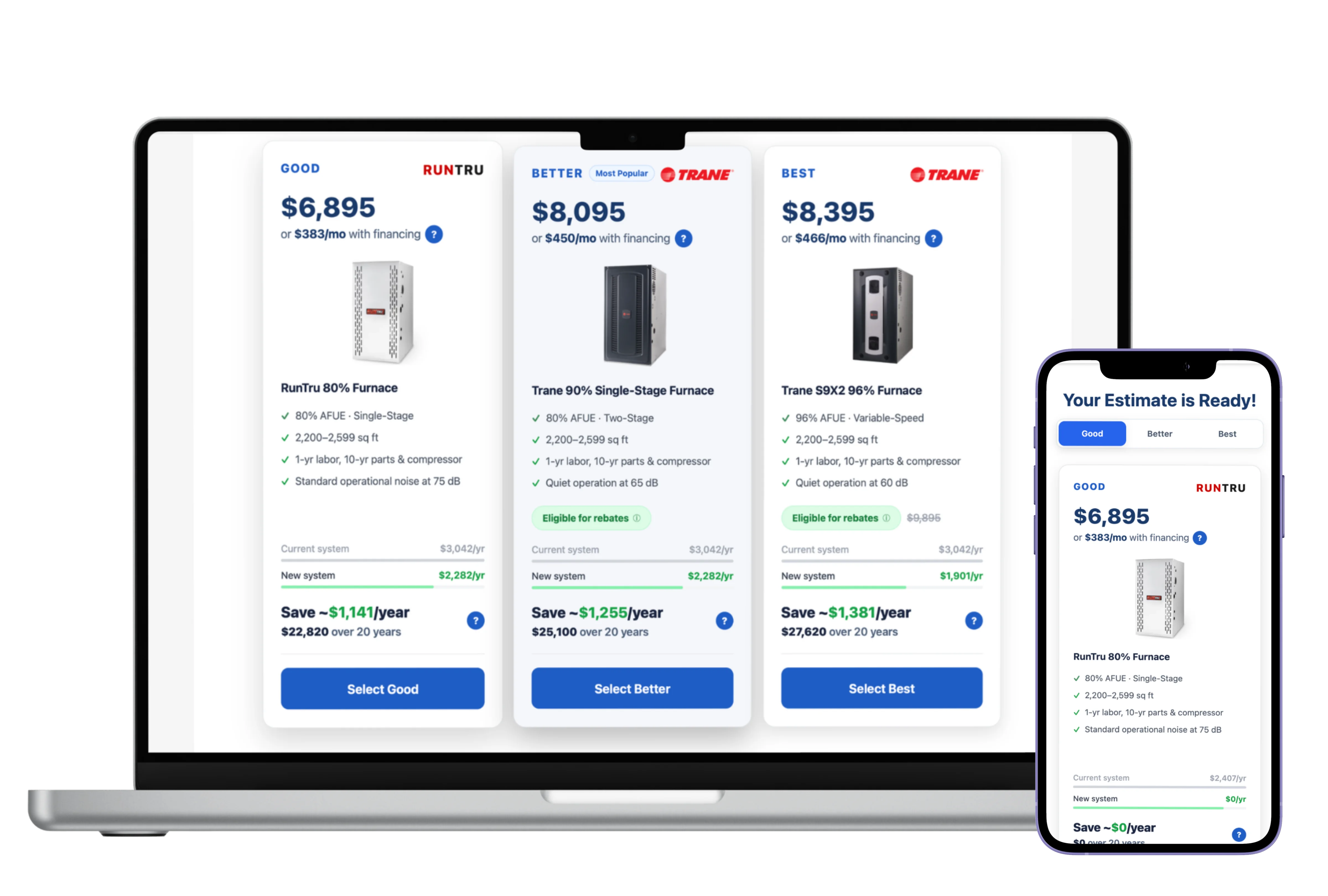 Oregon Climate Tech instant-quote tool: side-by-side Good / Better / Best furnace pricing on a laptop and phone.