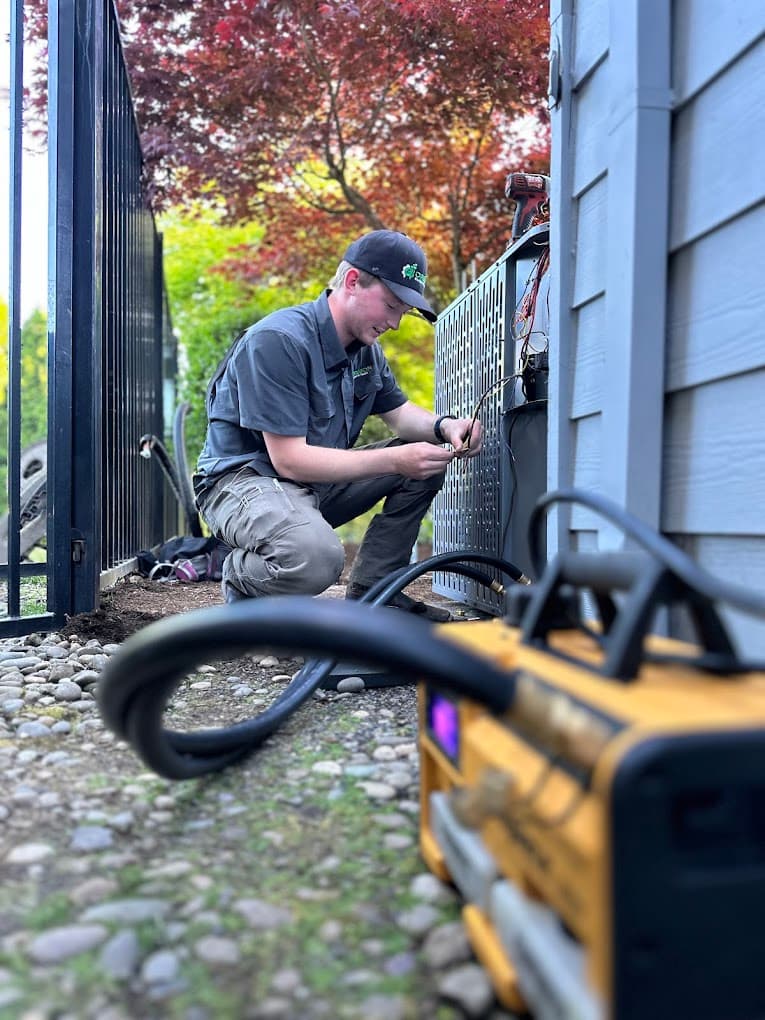 Oregon Climate Tech technician checking refrigerant pressures during an HVAC service call.