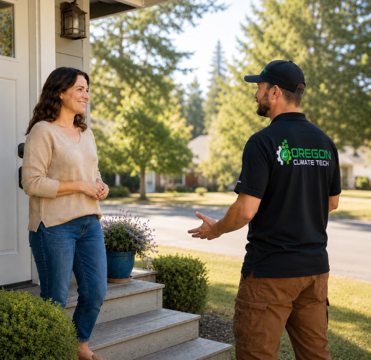 An Oregon Climate Tech technician in a branded shirt talking with a homeowner on her front porch.