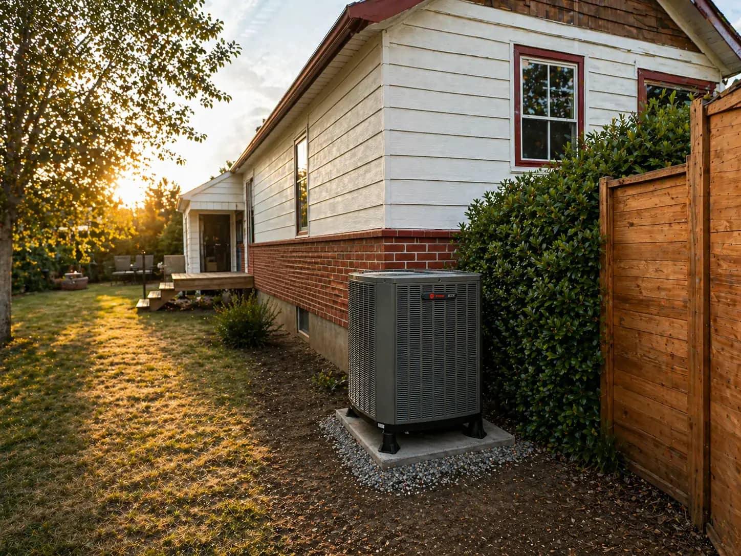Trane outdoor heat pump professionally installed at a Portland home, golden-hour sunlight.