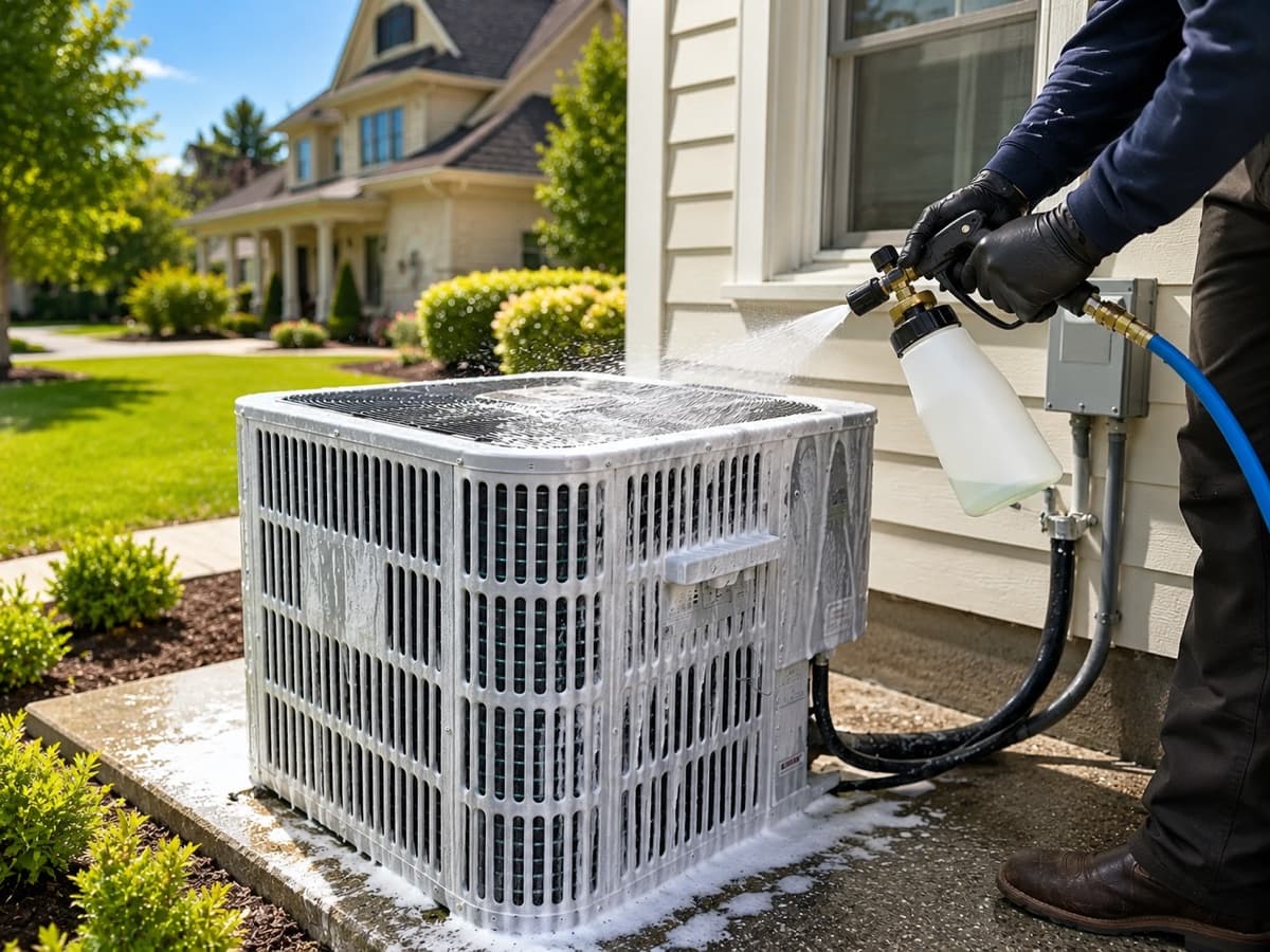 Oregon Climate Tech technician performing an AC tune-up on a residential condenser.